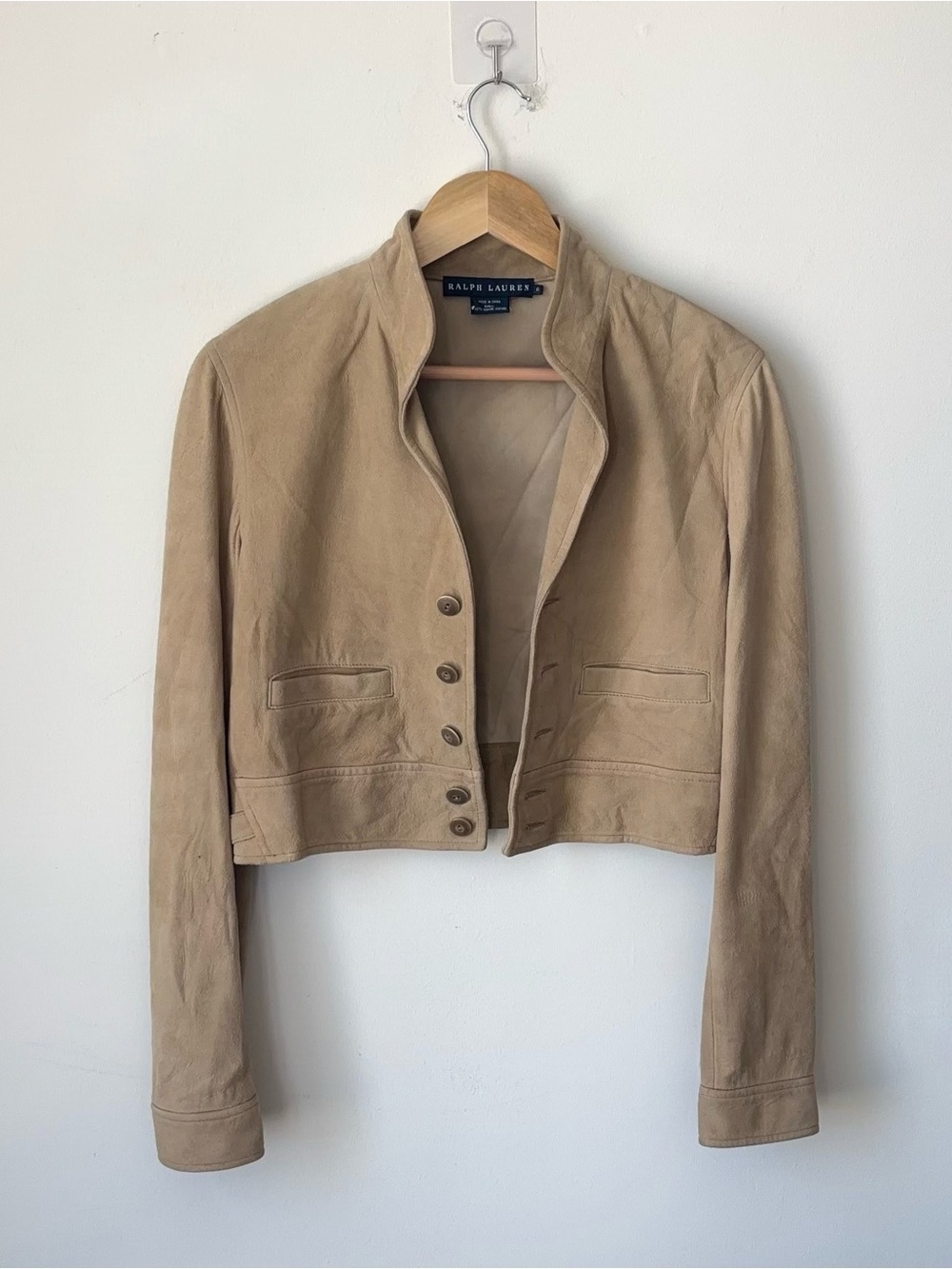 Vintage Rlaph Lauren 100% Suede Cropped Leather Jacket Size 6 Natural Blue Label